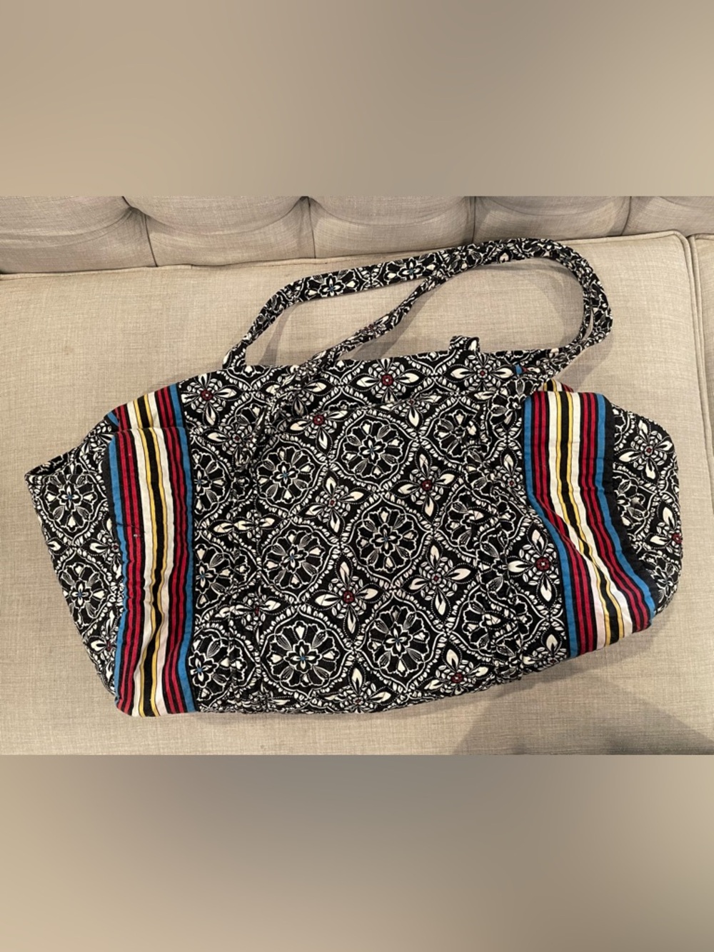 Vera Bradley Large Duffel retired Barcelona black & white print w/color stripes